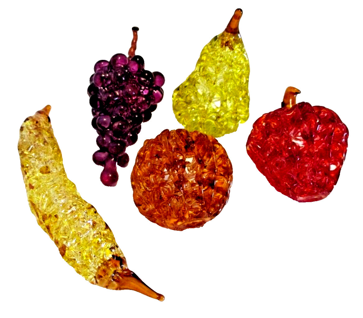Vintage Colorful Spun Glass Fruit – 5 Pieces – 1 1/2″ to 5″