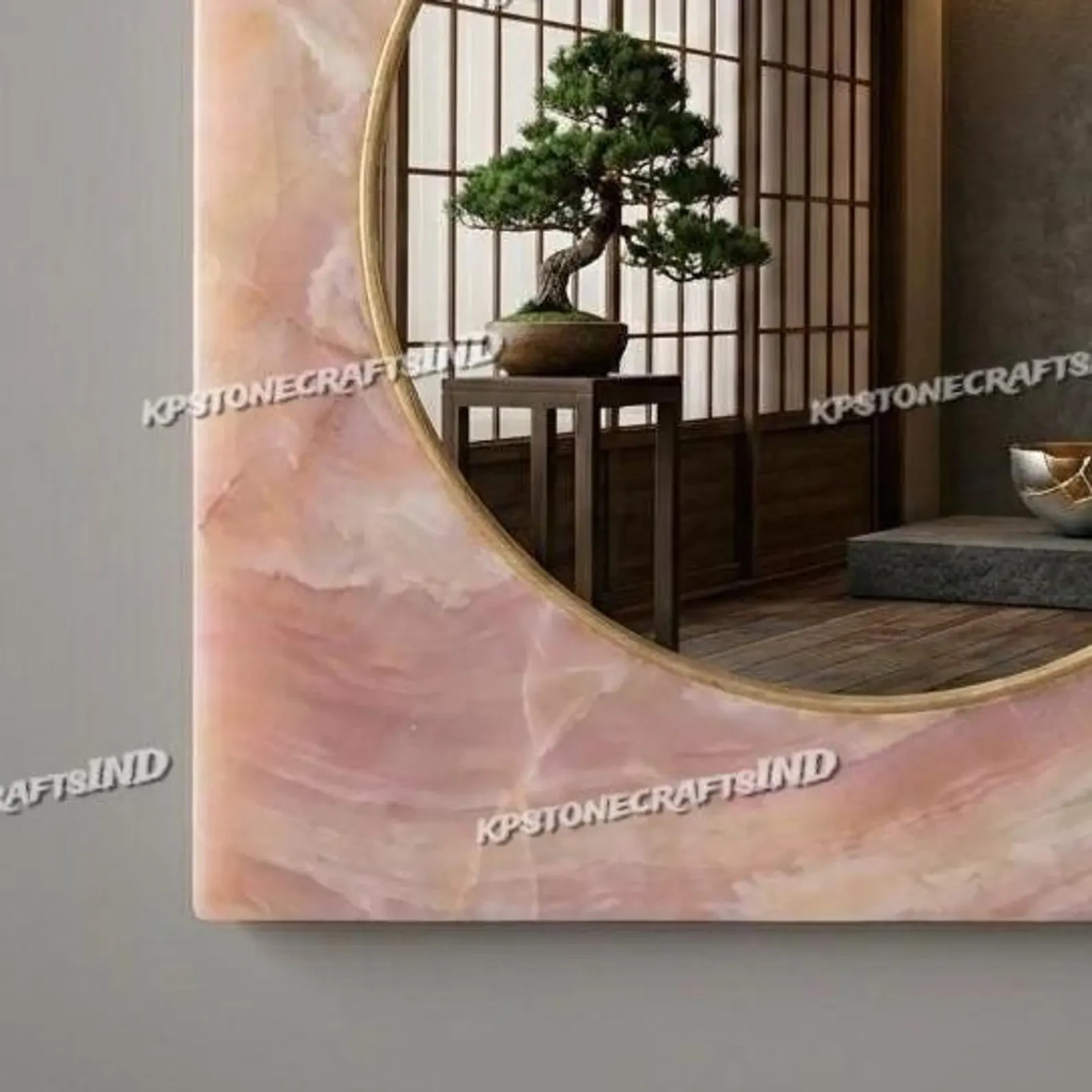 24″ Pink Onyx Mirror Frame Luxury Natural Stone Wall Mirror Modern Decor