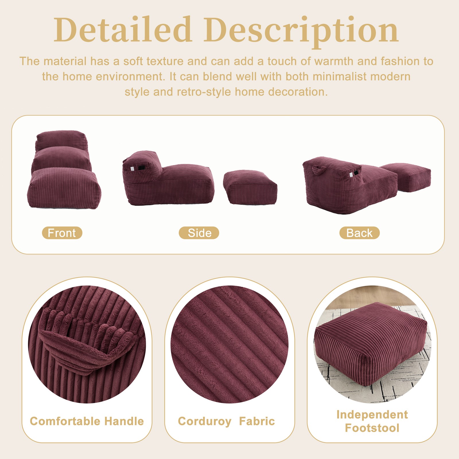 Big Bean Bag Chair For Adults,Lounger Large Bean Bag Sofa, Memory Foam Filled Be