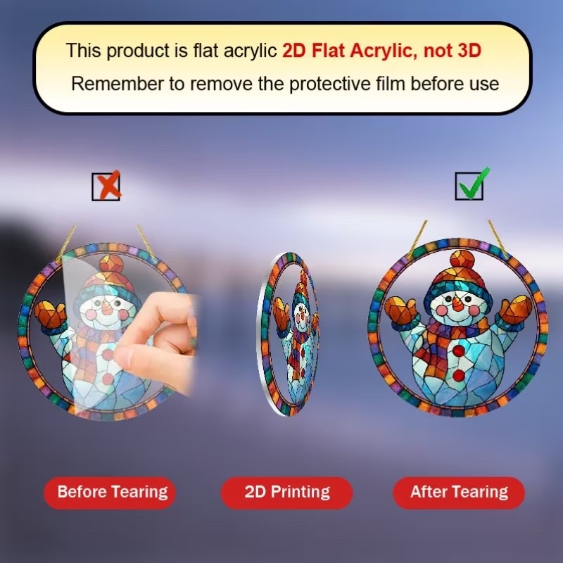 SET OF 2 -2D Flat Acrylic VINTAGE SNOWMAN COLORFUL Sun catchers 8″ Round