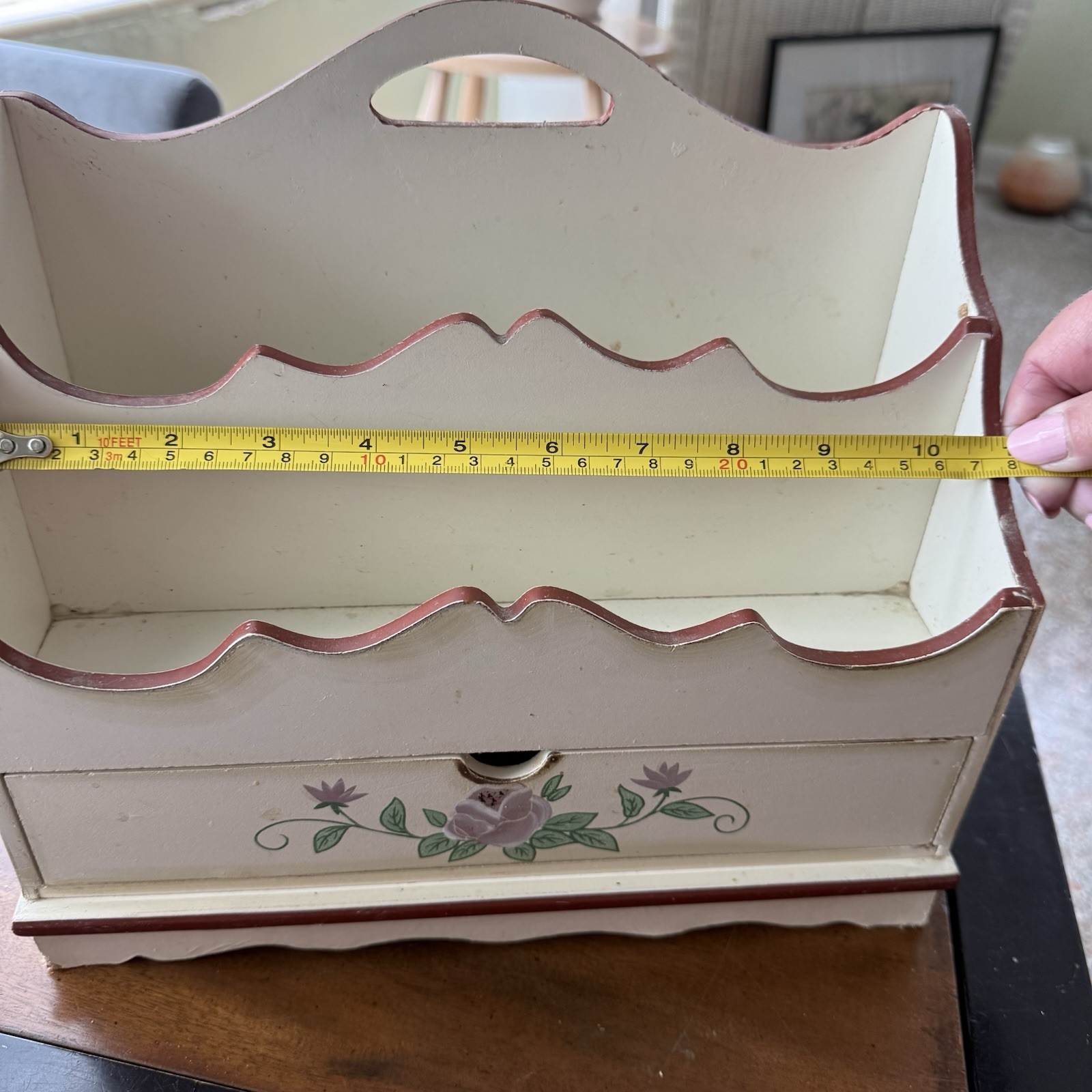 Vtg Wooden Letter Holder Painted Flowers Drawer2 Slots Organizer Cottagecore