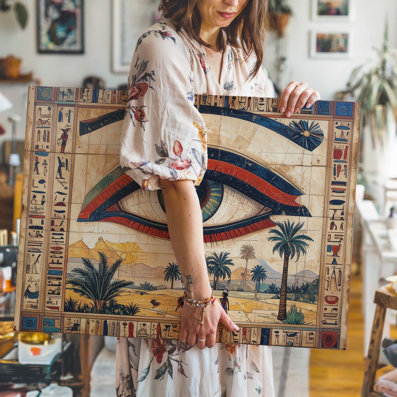 Canvas Protection Daily Life Egyptian Traditional Centered Around Large Wall Art