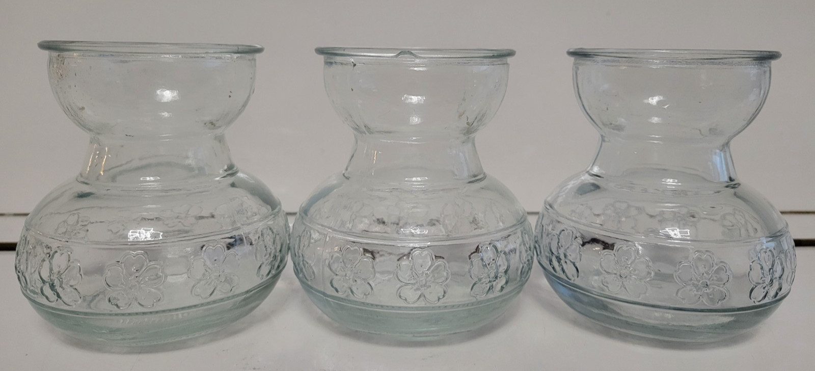 3 CLEAR GLASS ROUND VASES EMBOSSED WITH 4 LEAF CLOVERS 4 INCHES