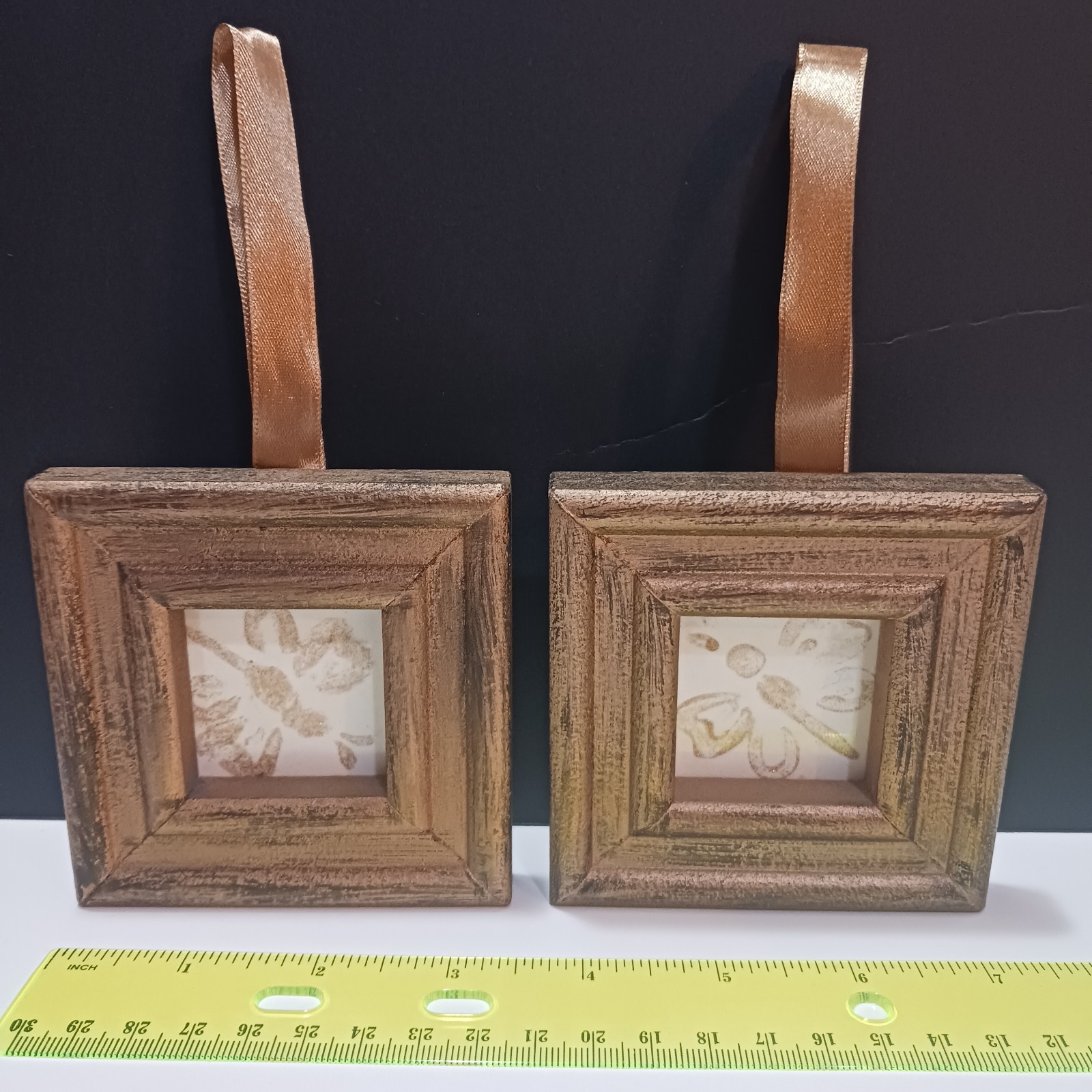 Set of 2 Distressed Gold/Brown Wood Square Photo Frames 1.5×1.5 Easel Ribbon
