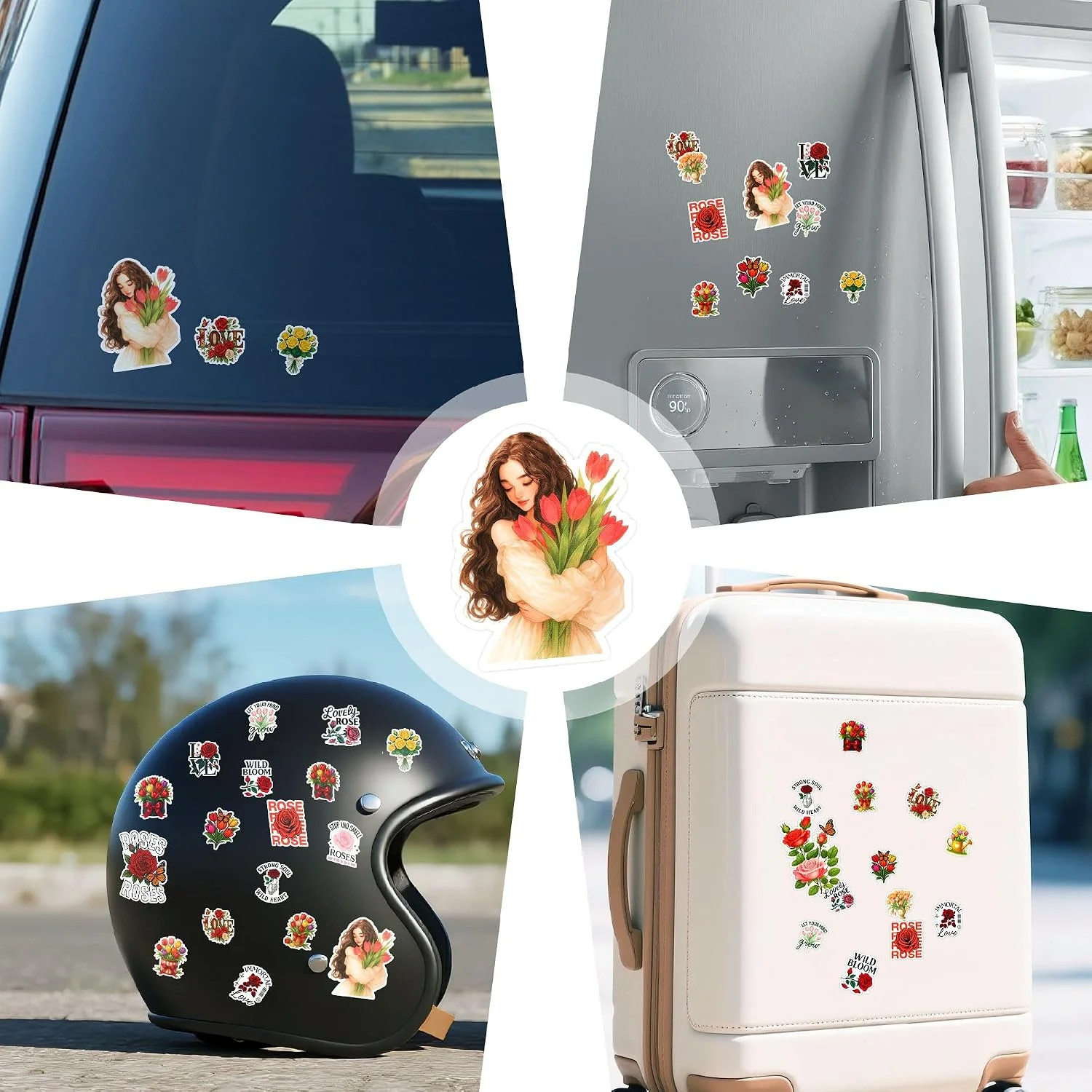 115 PCS Rose and Tulip Stickers Pack, Floral Watercolor Vinyl Waterproof Decals