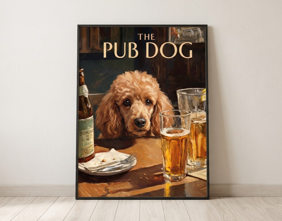 Vintage The Pub Dog Poster Poodle Art Print Beer Canvas Wall Decor Man Cave Gift