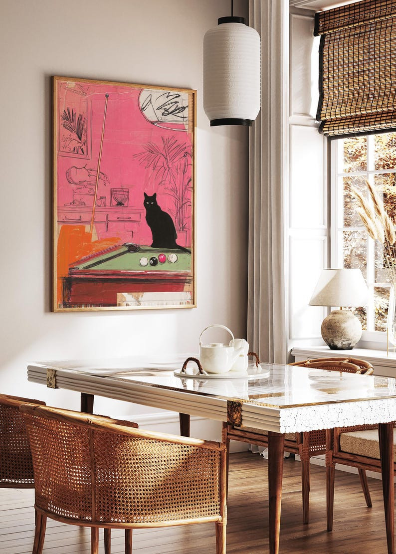 Retro Pink Cat Billiards Wall Art 24×36 Unframed Poster