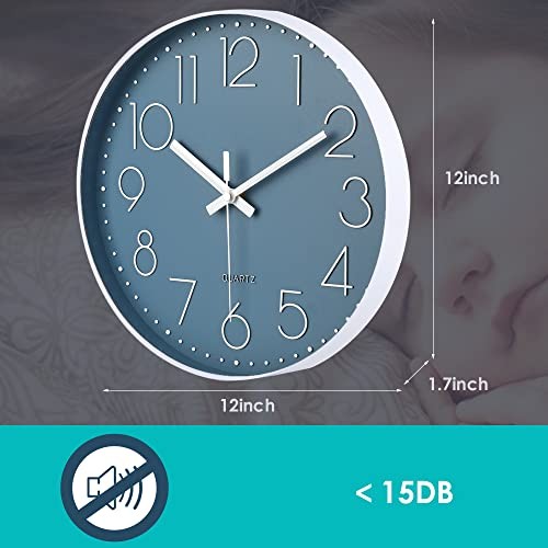 Silent Non-Ticking Battery Operated Quality Quartz Round Wall 12 Inch Cerulean