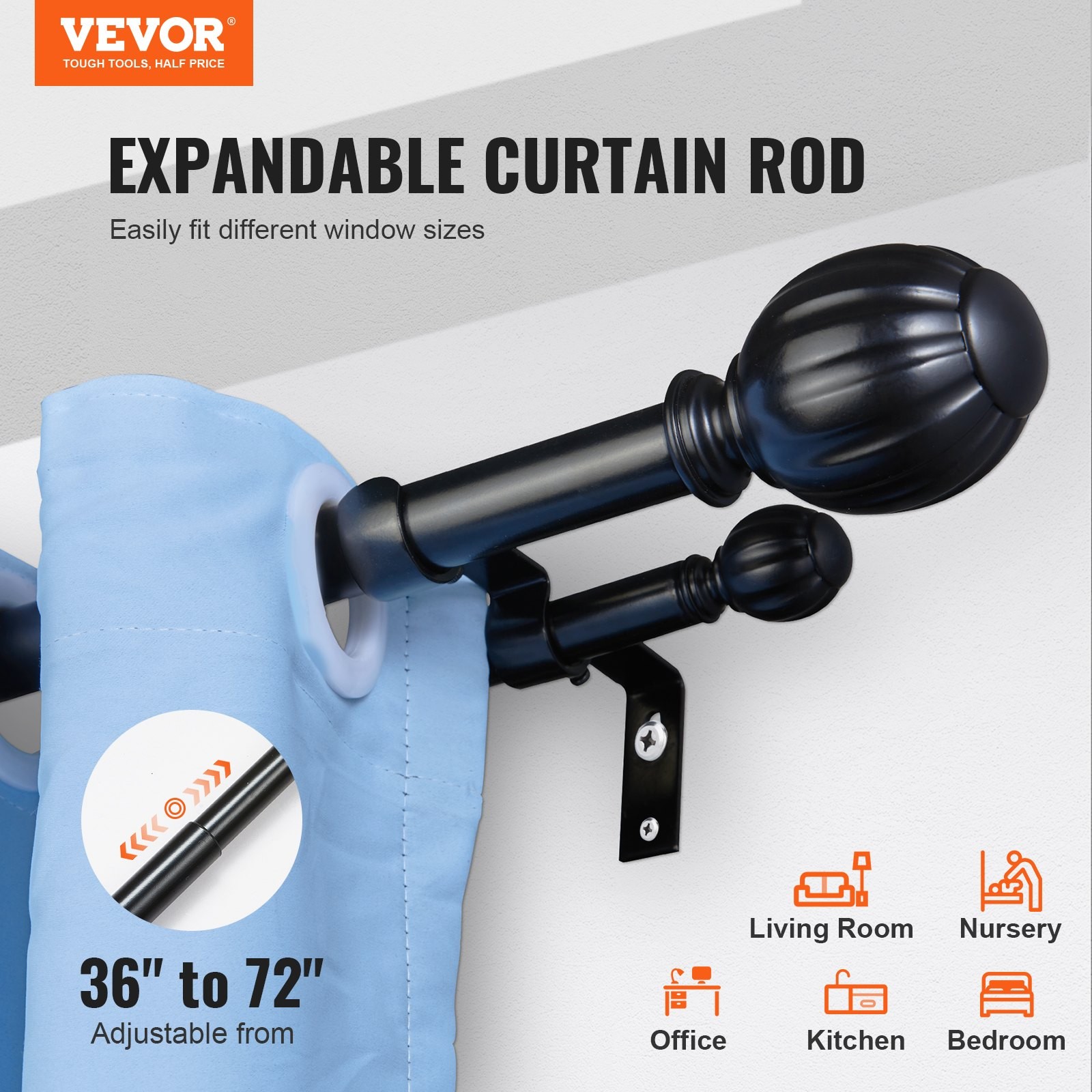 36″-72″ Double Rod Curtain Rods,3-6ft Adjustable Length, Double Window Drapery R