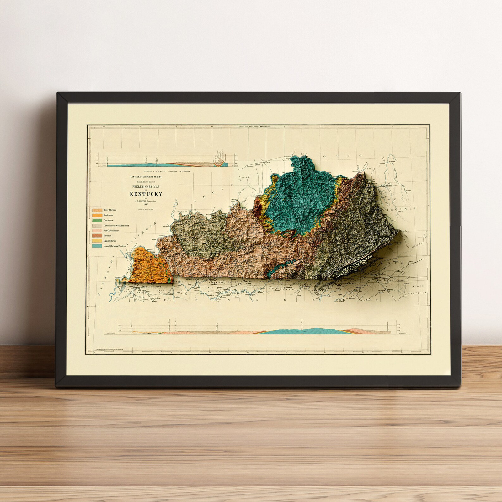 Kentucky Map, Kentucky 2D Relief Map, Kentucky Vintage Map – 2D Flat Print