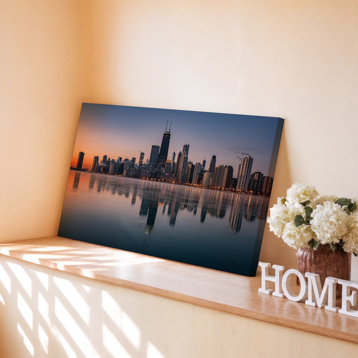 Chicago skyline canvas wall art urban cityscape waterfront reflection decor