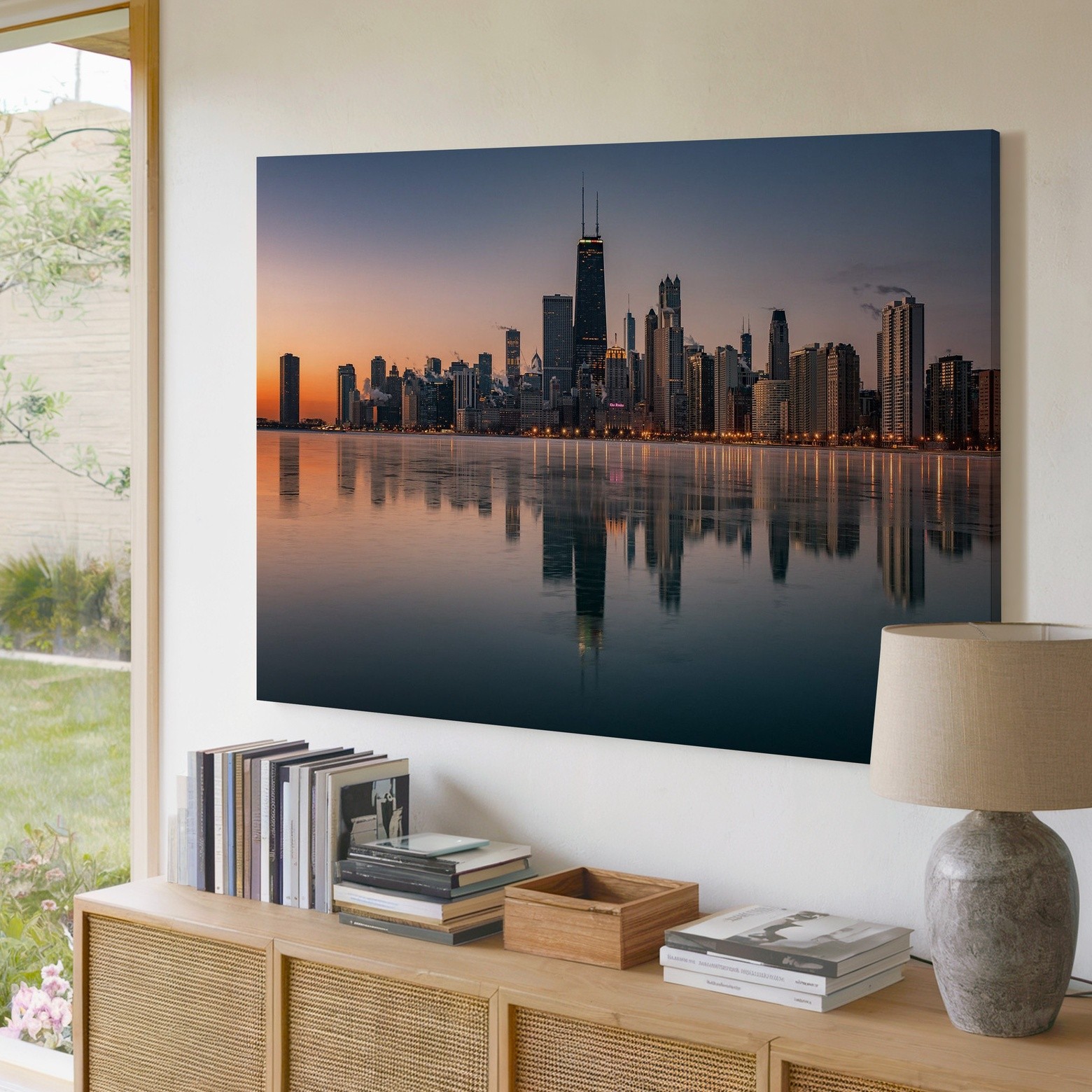 Chicago skyline canvas wall art urban cityscape waterfront reflection decor