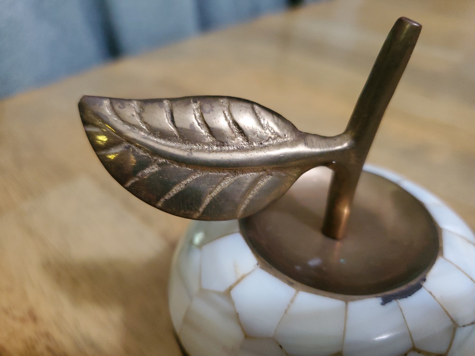 Vintage Apple Trinket Box Mother of Pearl Brass Inlay Gold White Trinket Decor