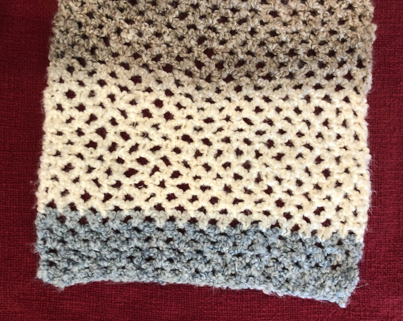 Handmade Crochet Throw Blanket 30×20 Inches Approximately, Blue/Beige/White,