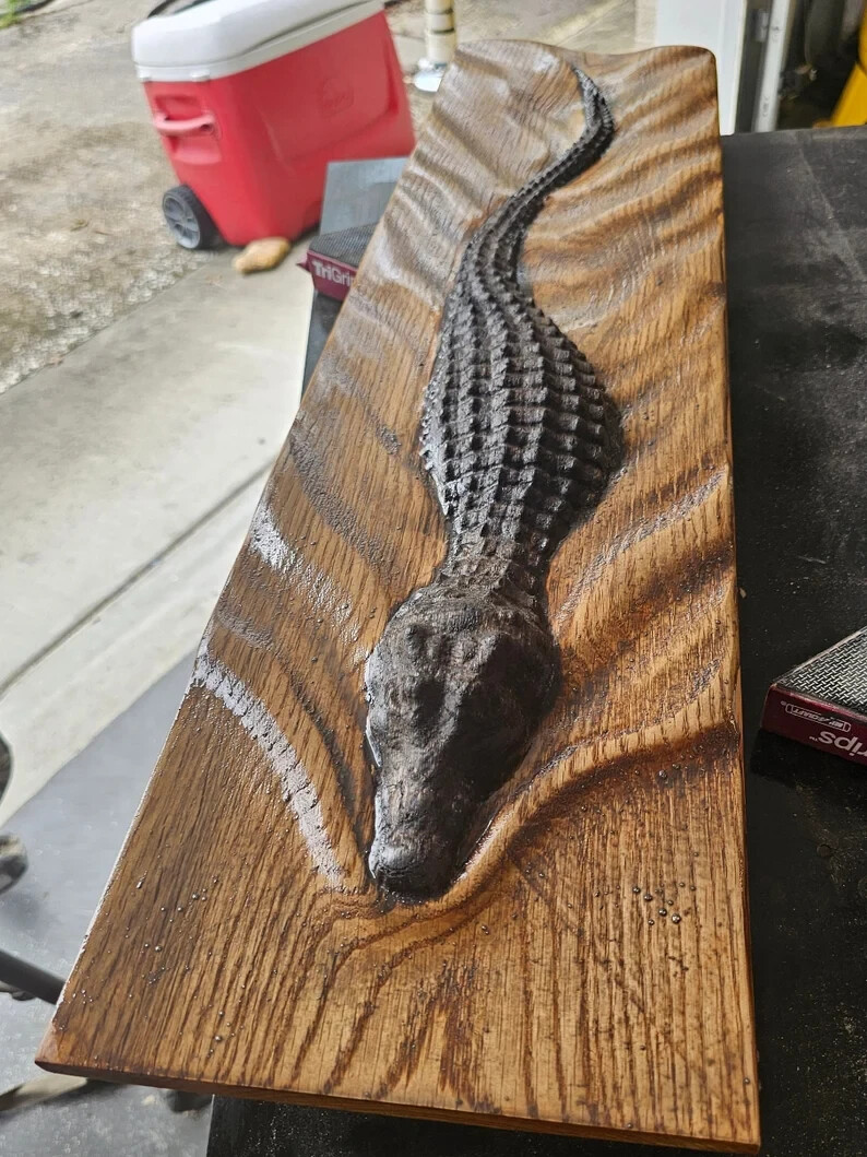 Antique Polished Crocodile, Abstract Wood Sculpture, Modern Wall Decor Art Gift