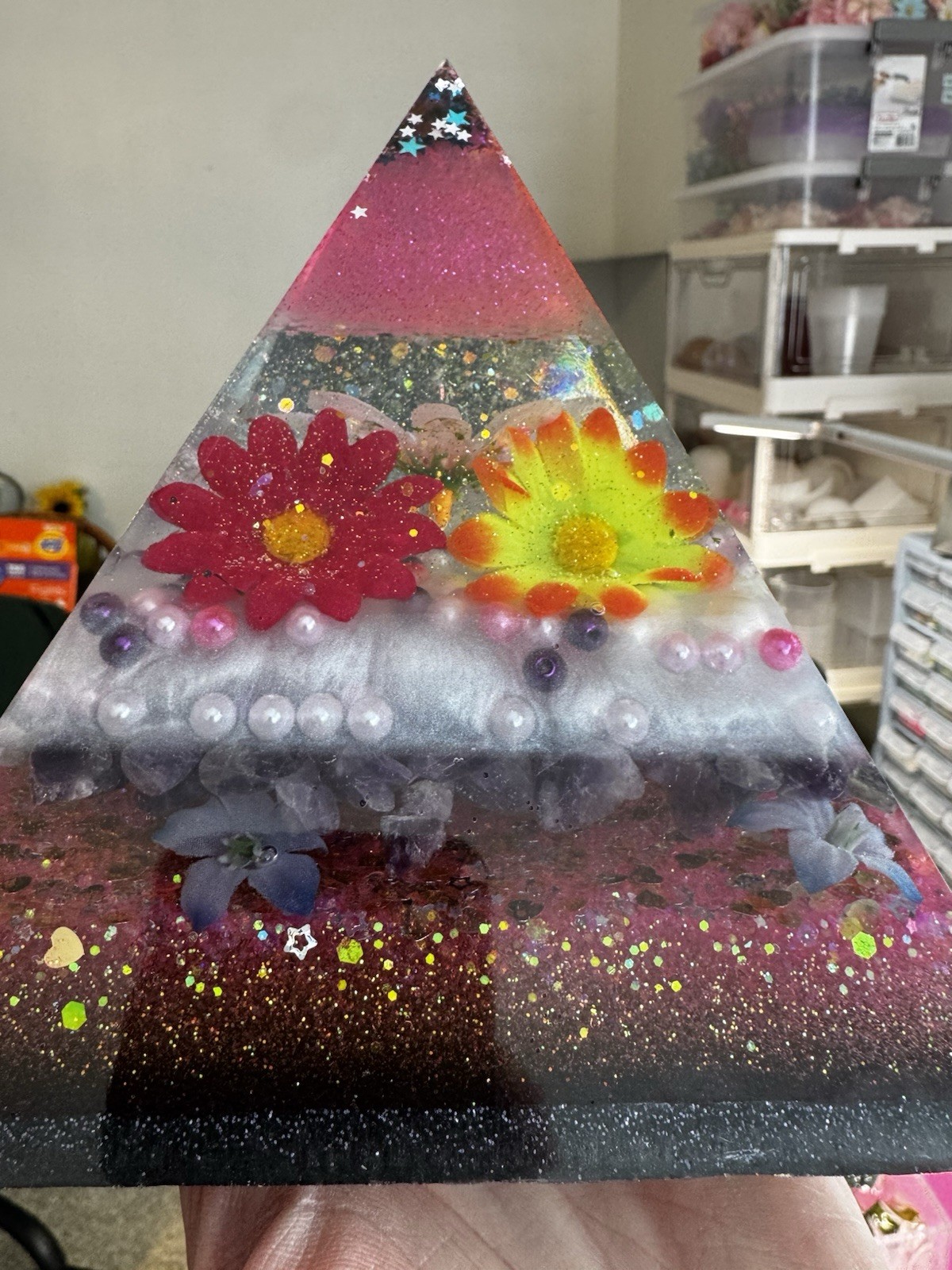 Resin Decorative Pyramid With Embedded Flowers, Pearls, Beads And Glitter