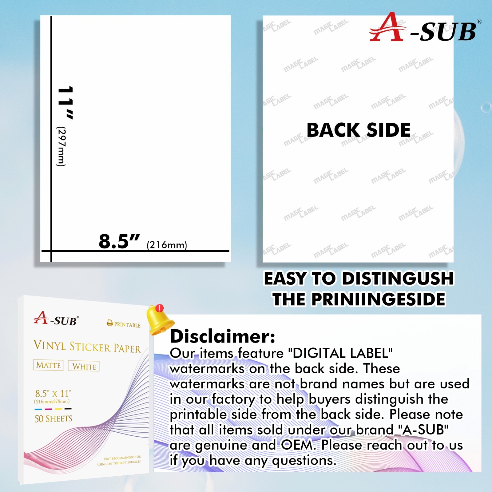 A-SUB Printable Vinyl Sticker Paper for Inkjet Waterproof Matte White 50-200 PK