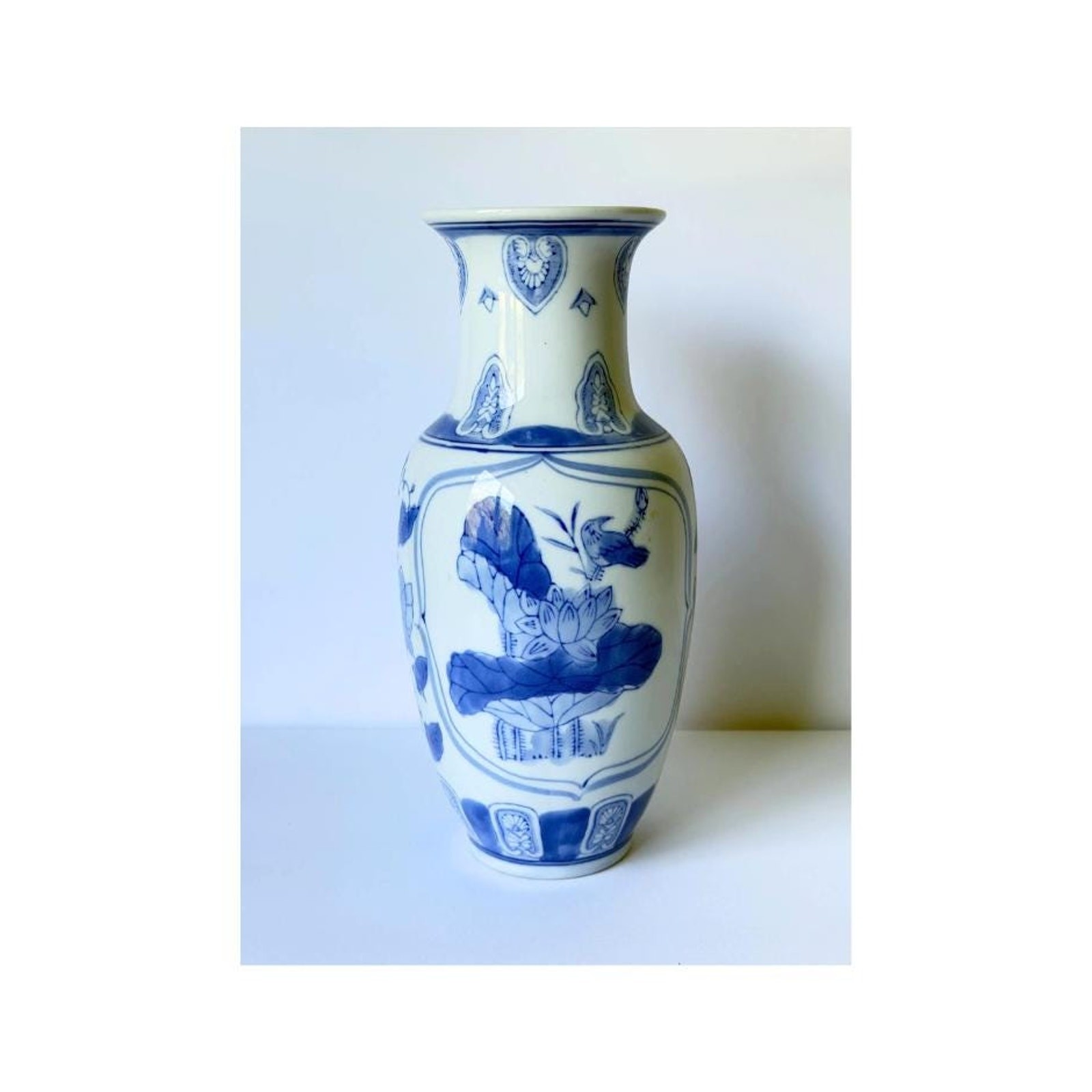Vintage Blue & White Chinoiserie Vase | 10″ Porcelain Lotus Flower and Bird Vase