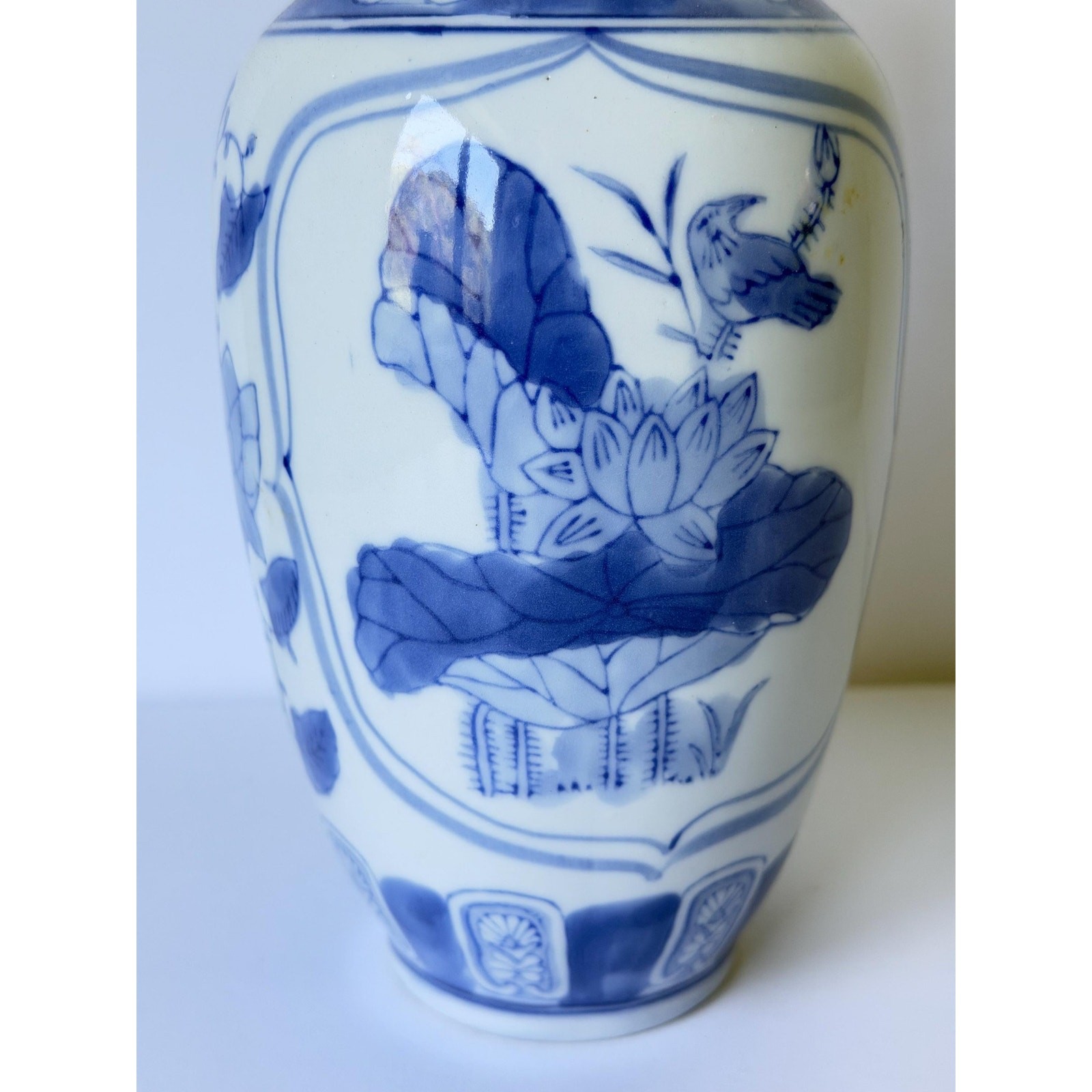 Vintage Blue & White Chinoiserie Vase | 10″ Porcelain Lotus Flower and Bird Vase