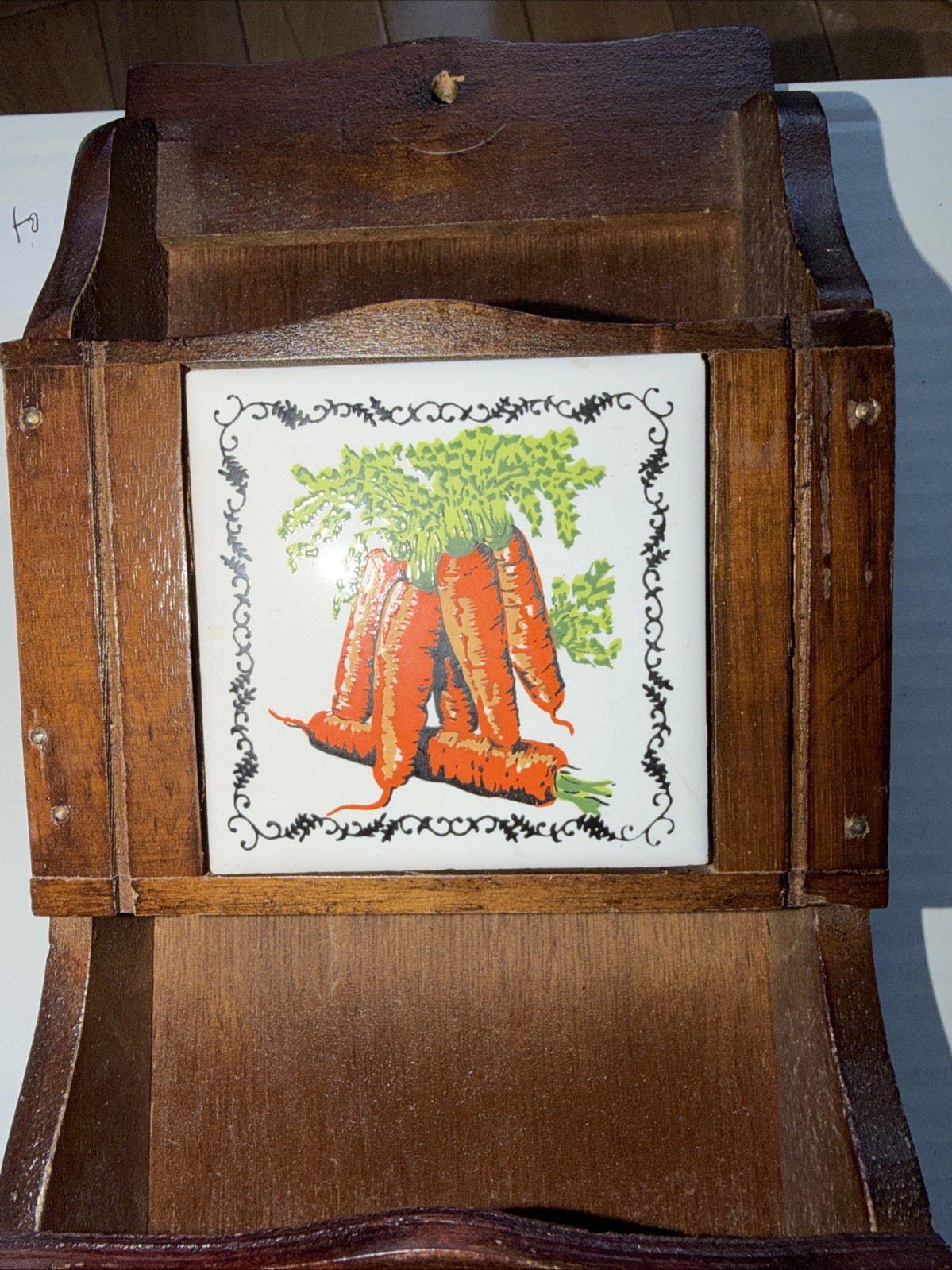 Vtg MCM Wood 3 Slot Wall Mail Holder Bill Organizer Vegetables