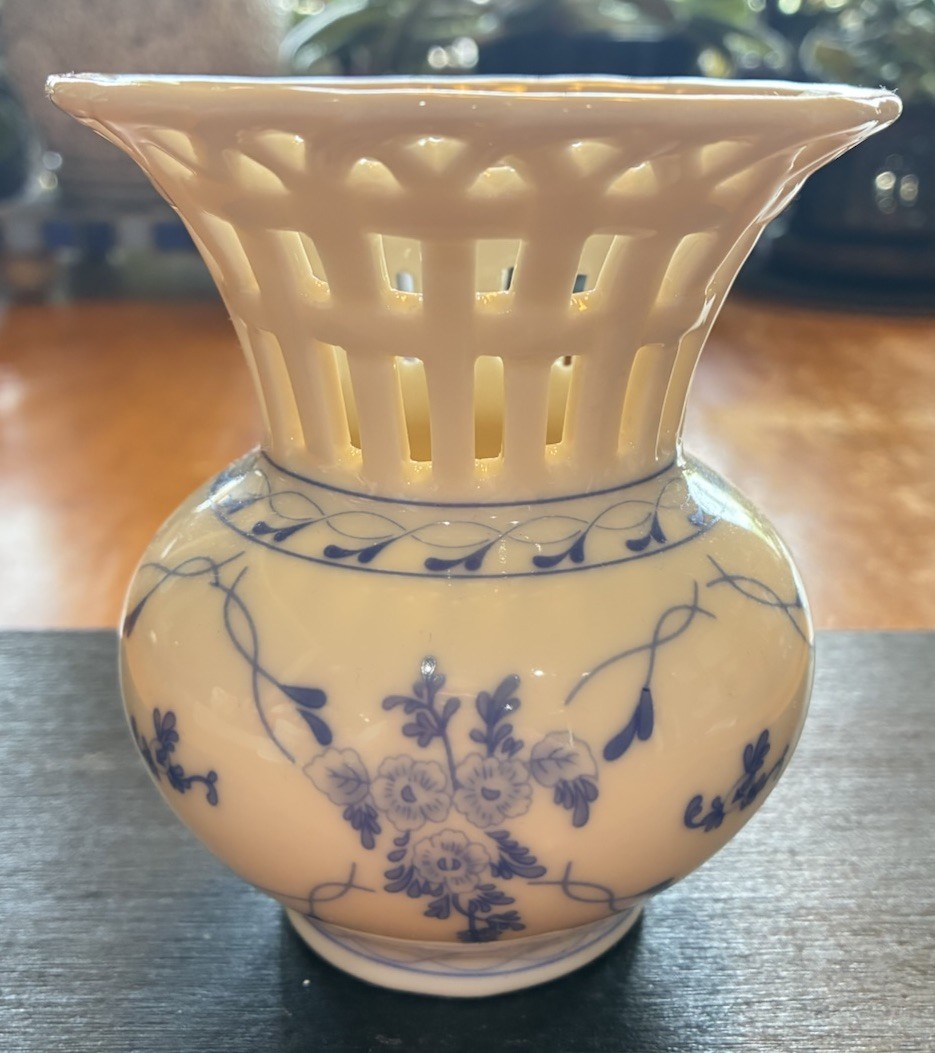 Skye McGhie Rose Brocade Porcelain Vase w Blue White Flowers