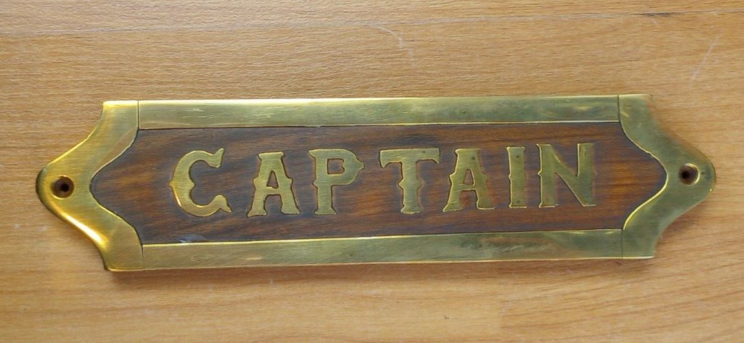 Nautical Sailor Plaque Sign ”Captain” Wood Brass Beach Boat Ship Sea Beach