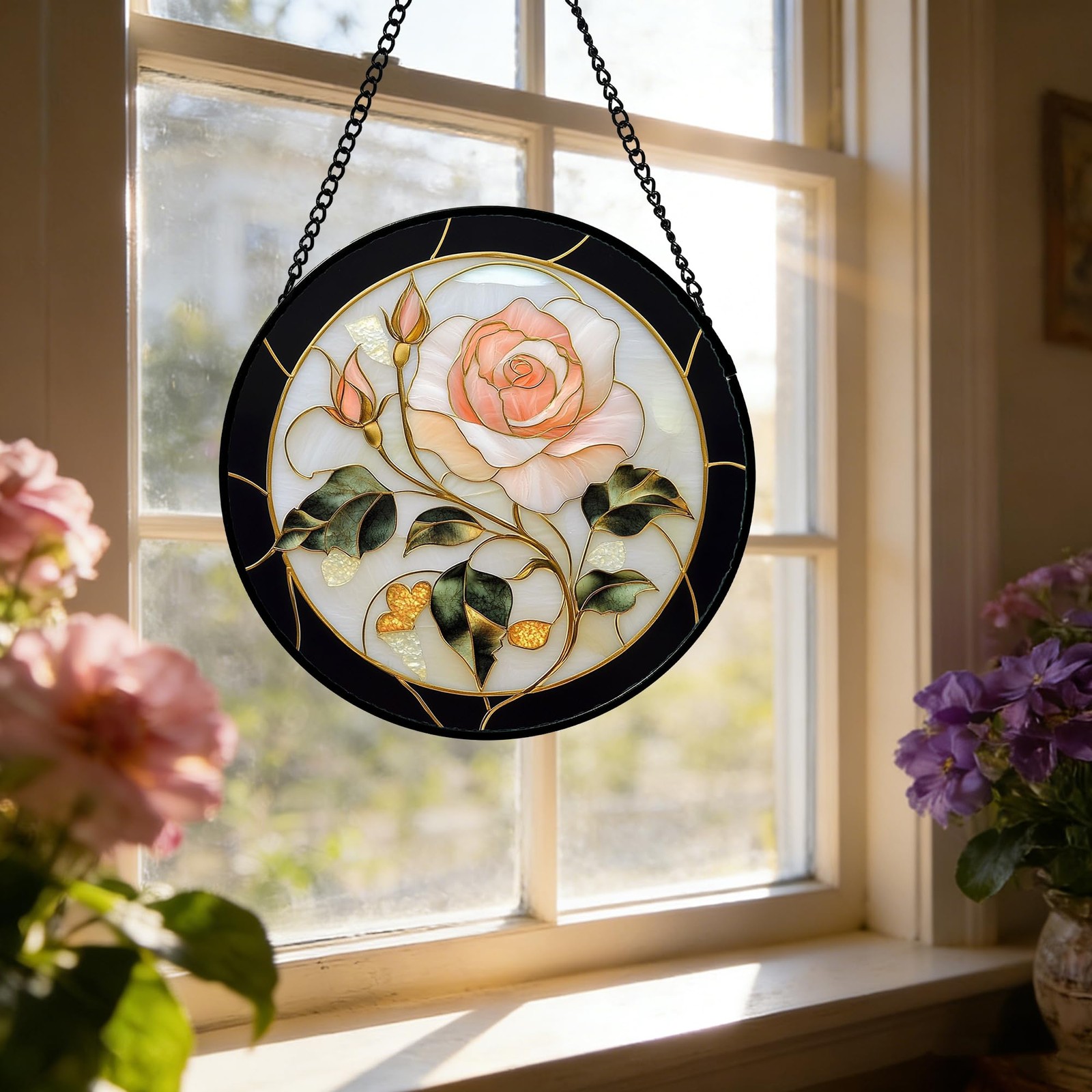 Stained Glass Sun Catcher Black Pink Rose Window Decor Gift for All Occasions