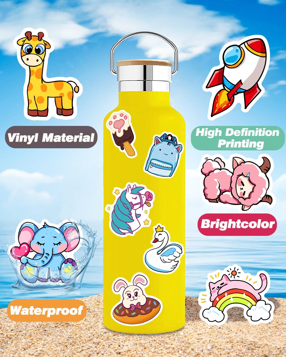 600Pcs Water Bottle Stickers for Kids, Cute Stickers for Water Bottles, Vinyl Wa
