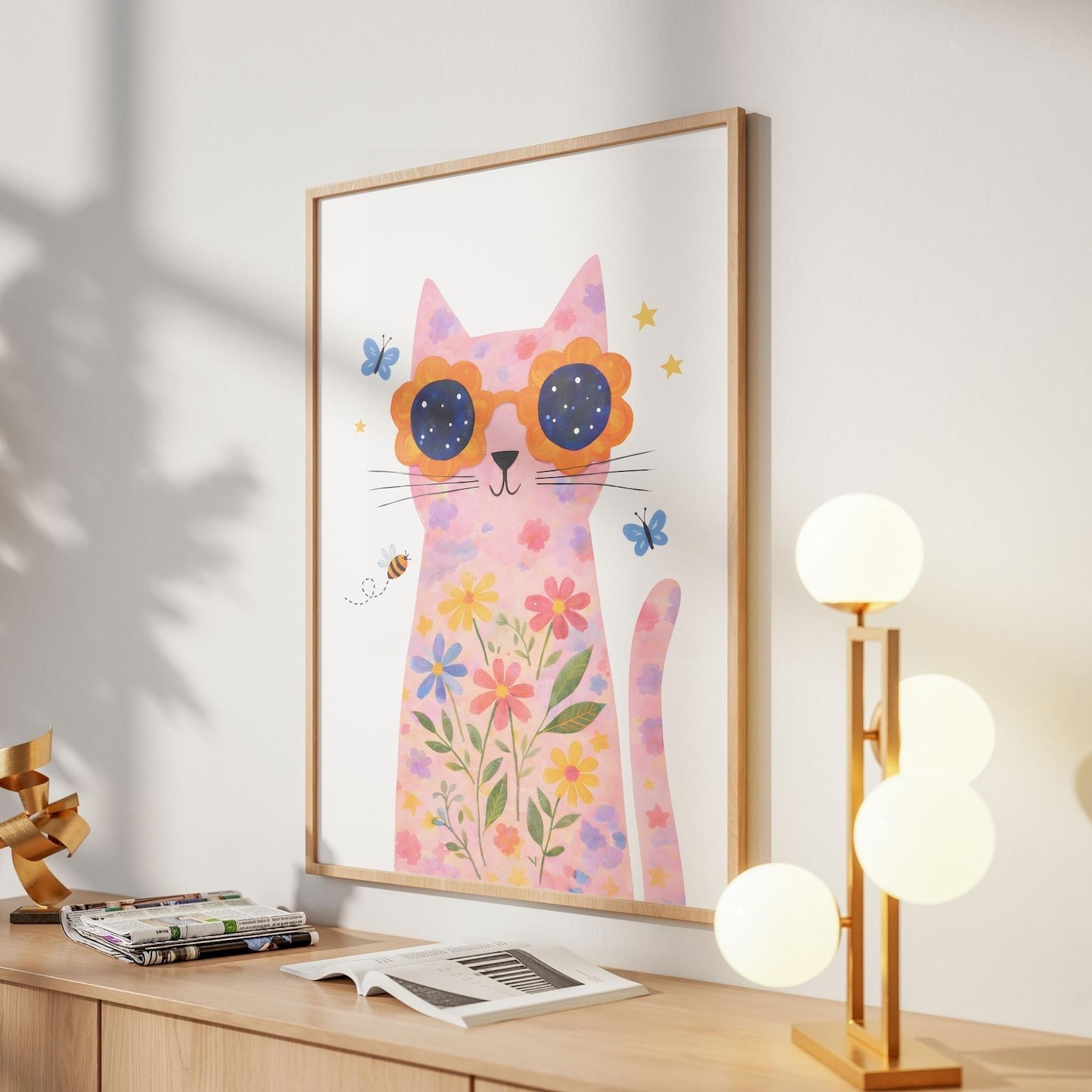 Floral Cat with Glasses Print | Kids Room Wall Art