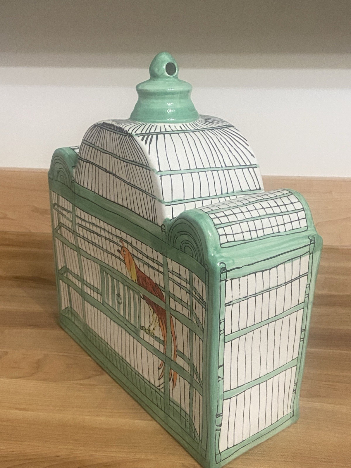 Molly Hatch Trompe-l’Oeil Birdhouse Bird Cage Ceramic Signed Anthropologie Decor