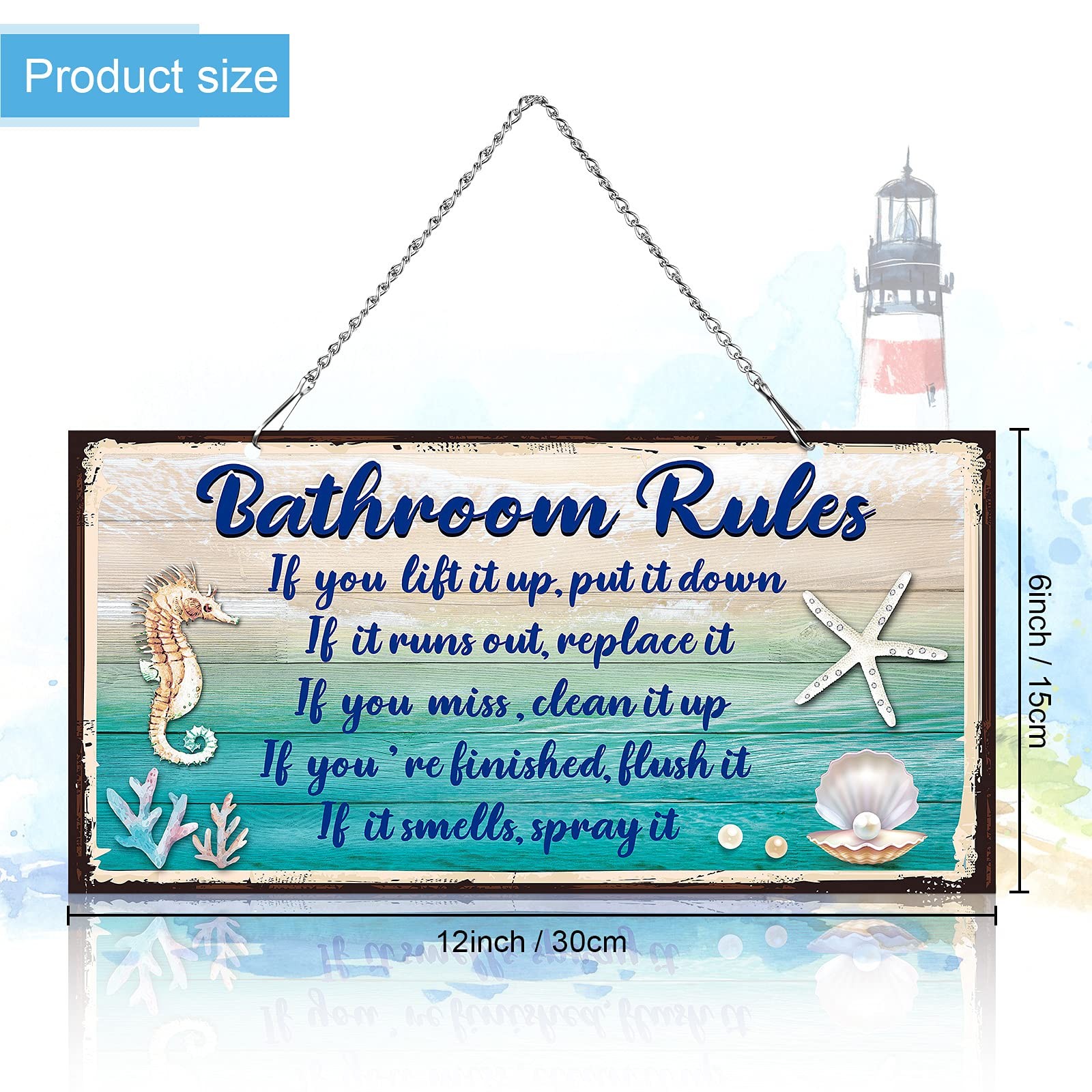 Seashell Bathroom Rules Decor Signs Wall Ocean 12 x 6 Inches, Blue and White
