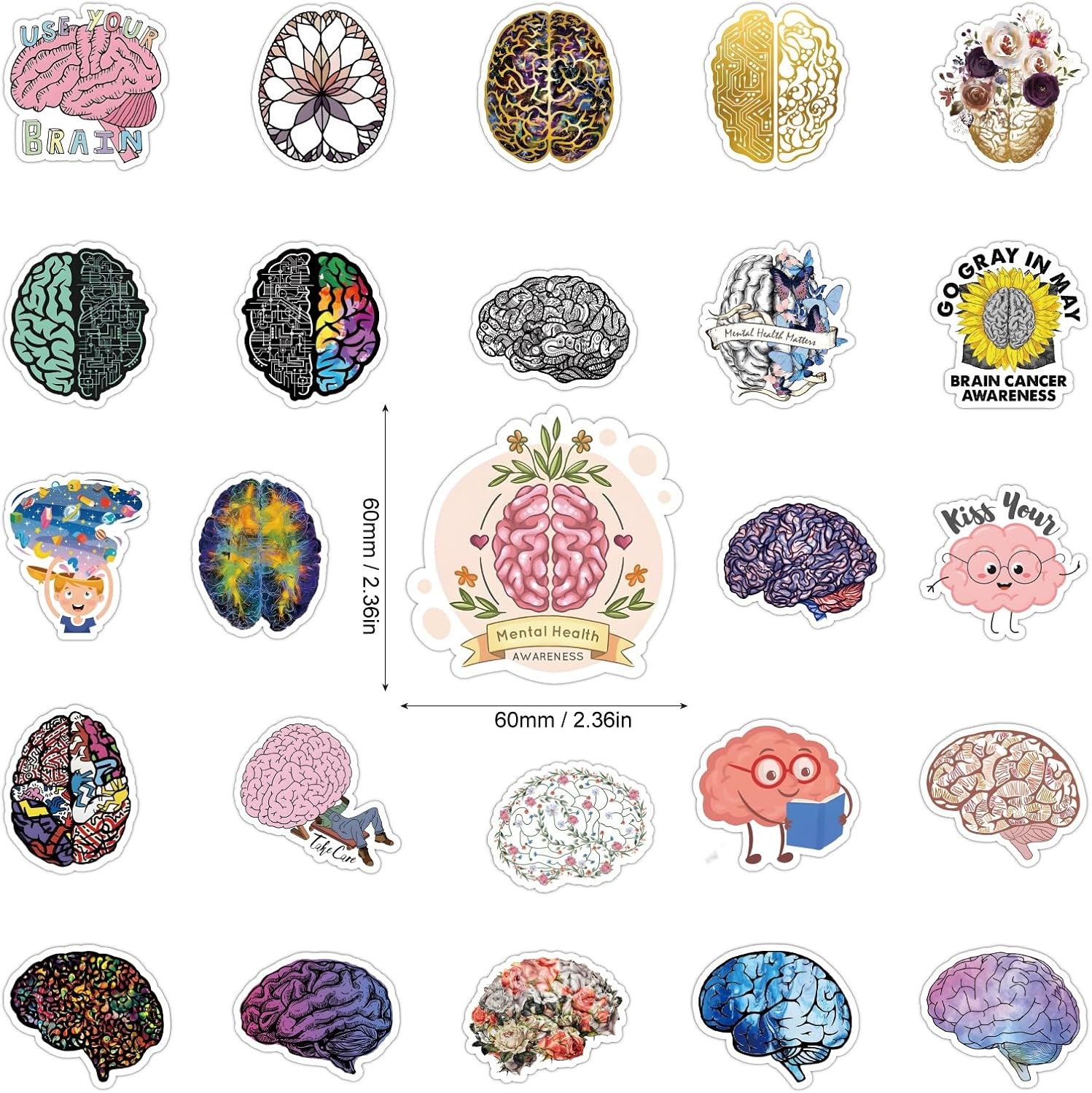 50 Pcs Brain Stickers Pack | Colorful Vinyl