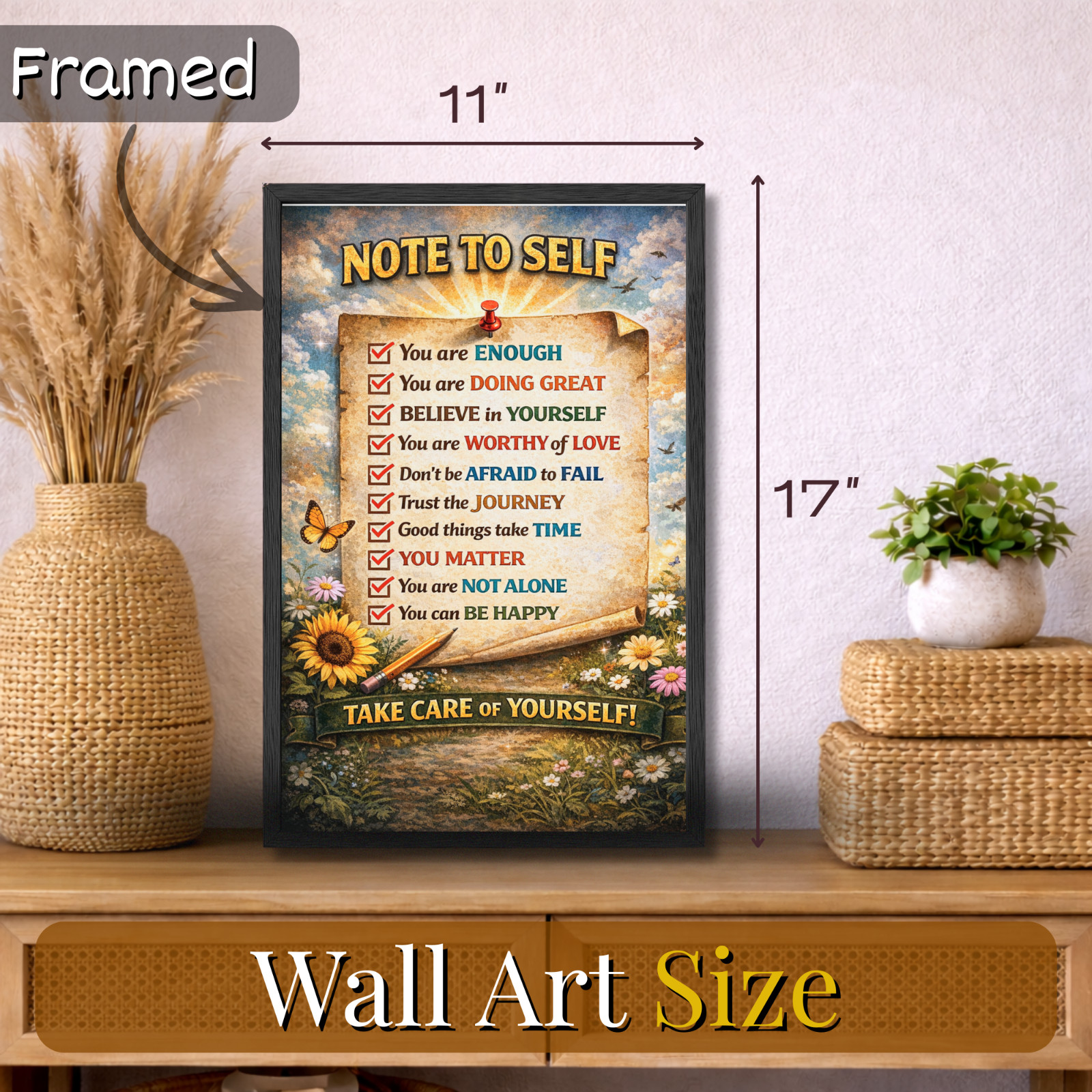 Note to Self Inspirational Wall Art Mental Health Framed Poster 11×17