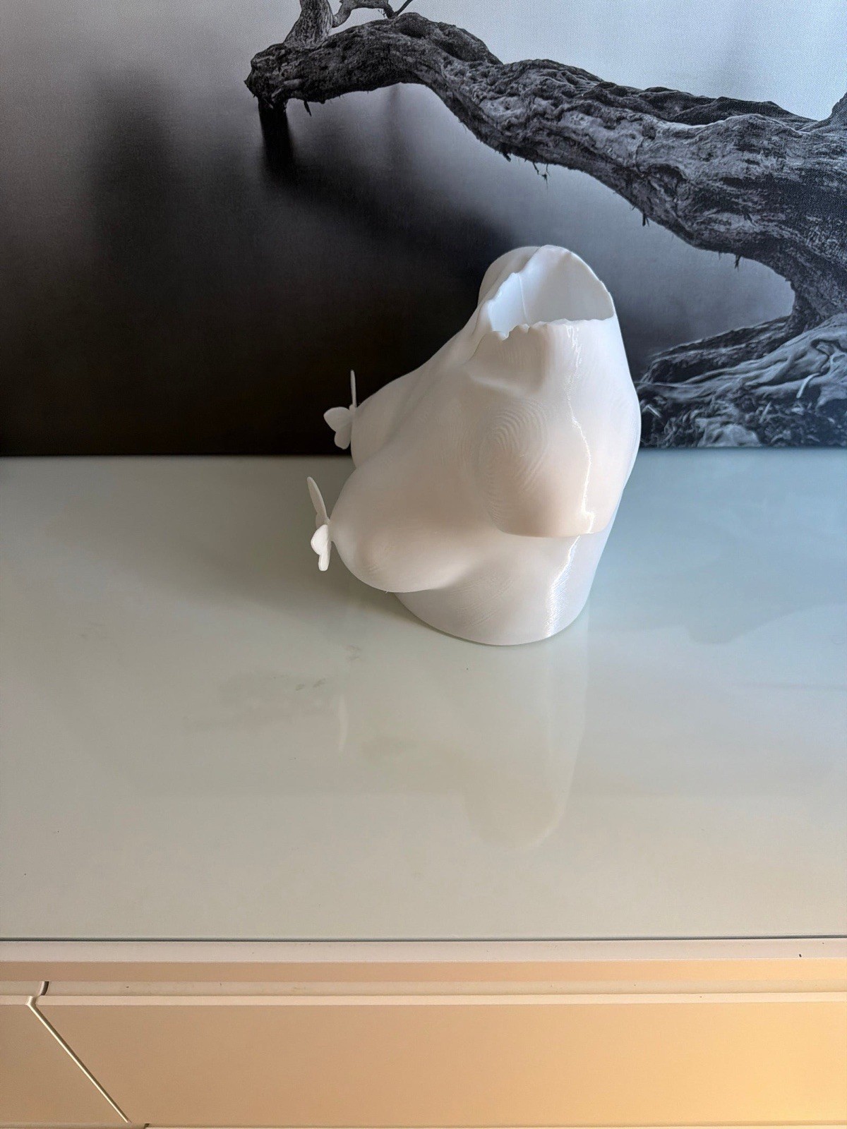 White 3d printed Torso Art Vase with Butterfly Accents, Modern Abstract Decor