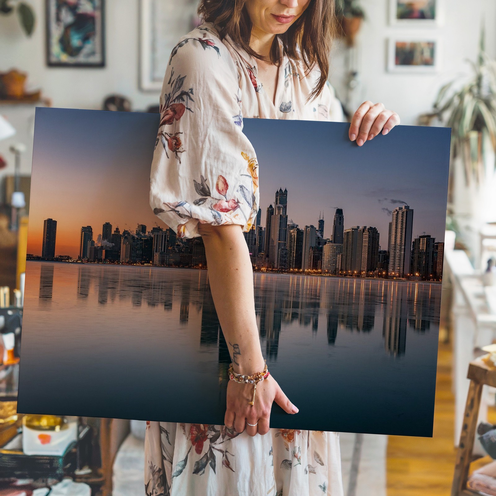 Chicago skyline canvas wall art urban cityscape waterfront reflection decor