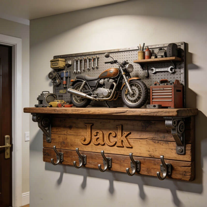 Custom Name Motorcycle Key Holder Wall Hook Rack Rustic Garage Decor