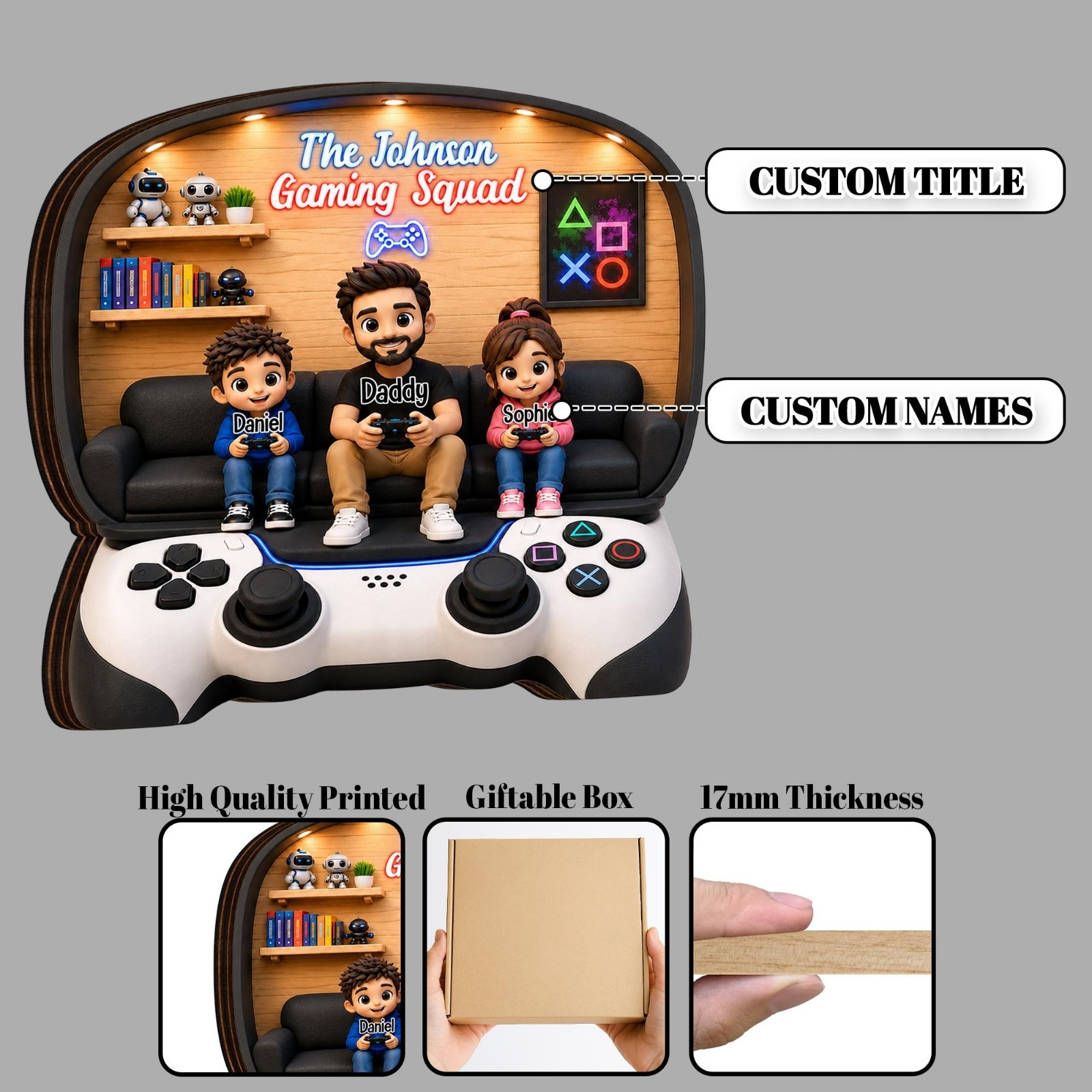 Personalized Dad And Kids Gaming Wooden Block Father’s Day Gift Gamer Decor