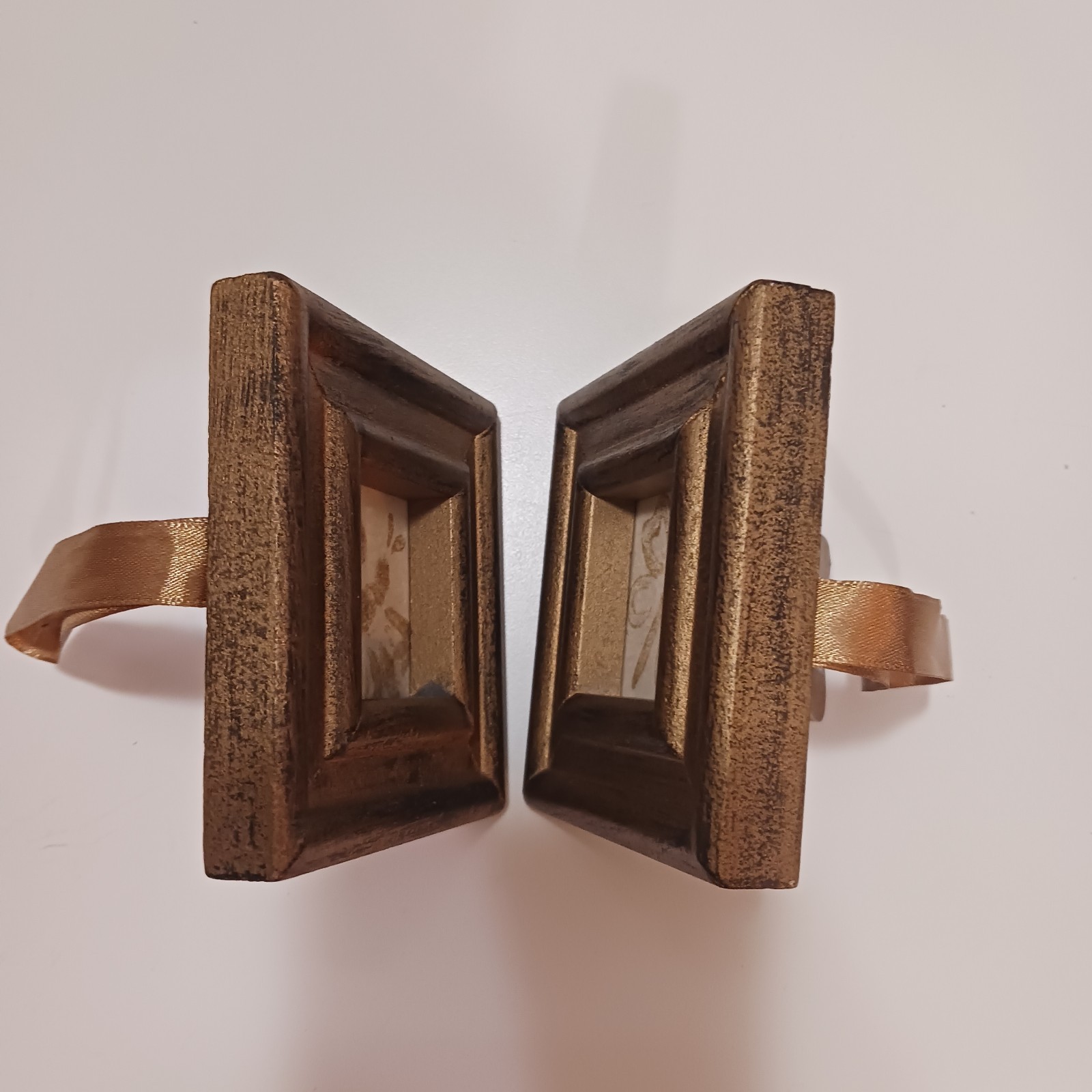 Set of 2 Distressed Gold/Brown Wood Square Photo Frames 1.5×1.5 Easel Ribbon
