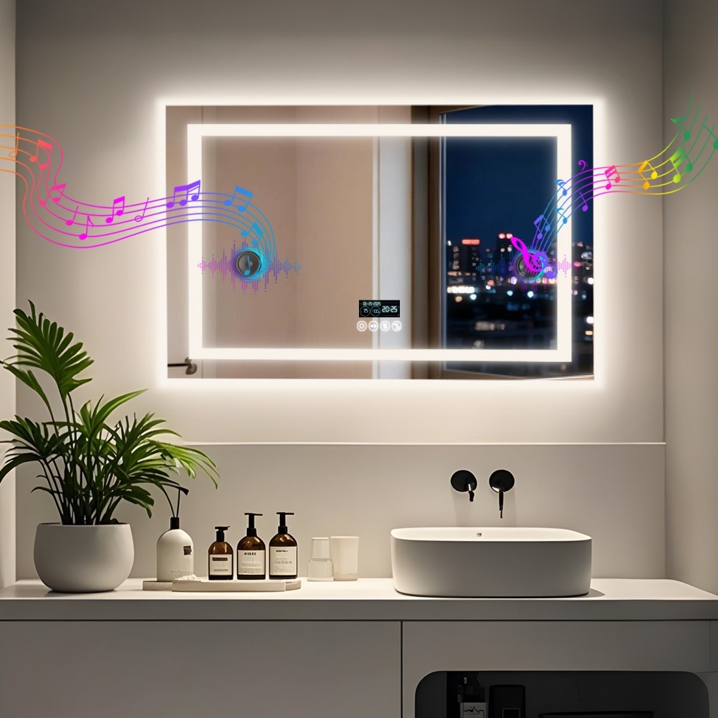 LED Bathroom Mirror Anti-Fog Dimmable Bluetooth 3 Color Digital Display 4 Sizes