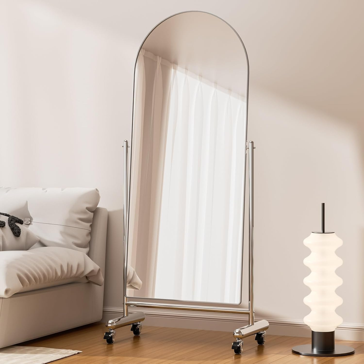 Large Arched Full Length Mirror on Wheels, Rolling Tilting Swivel Floor Mirror 6