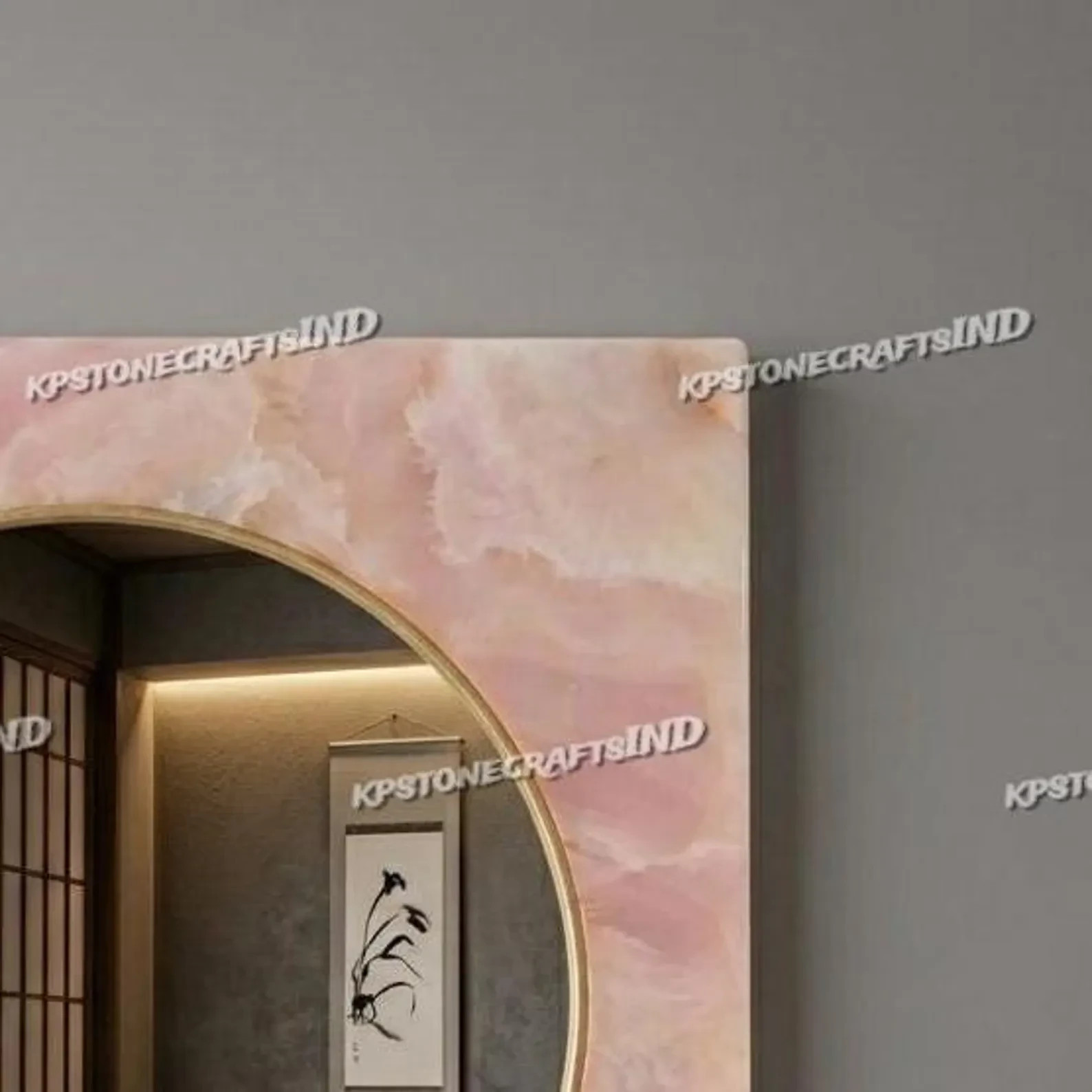 24″ Pink Onyx Mirror Frame Luxury Natural Stone Wall Mirror Modern Decor