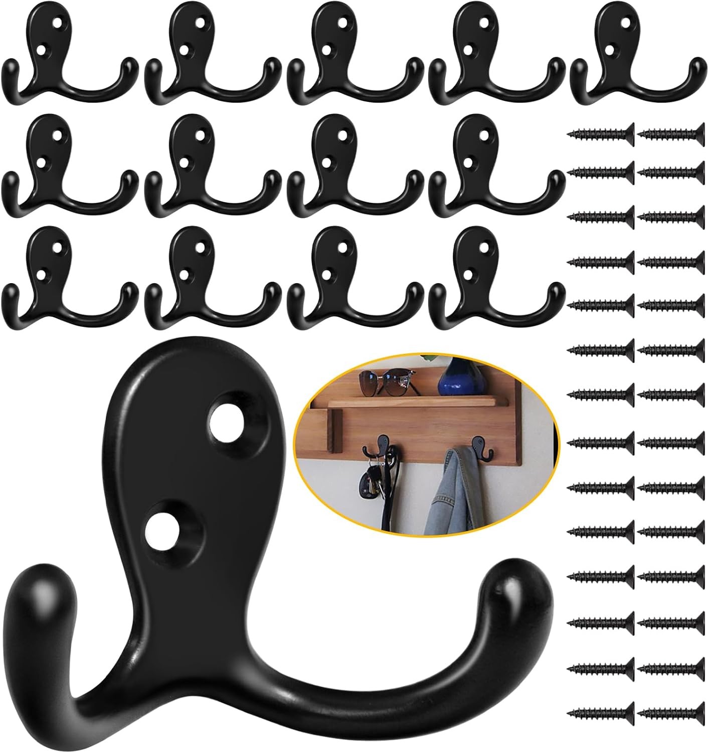 14 Pack Coat Hooks, Heavy Duty Double Prong Coat Hooks Wall Mounted with 28