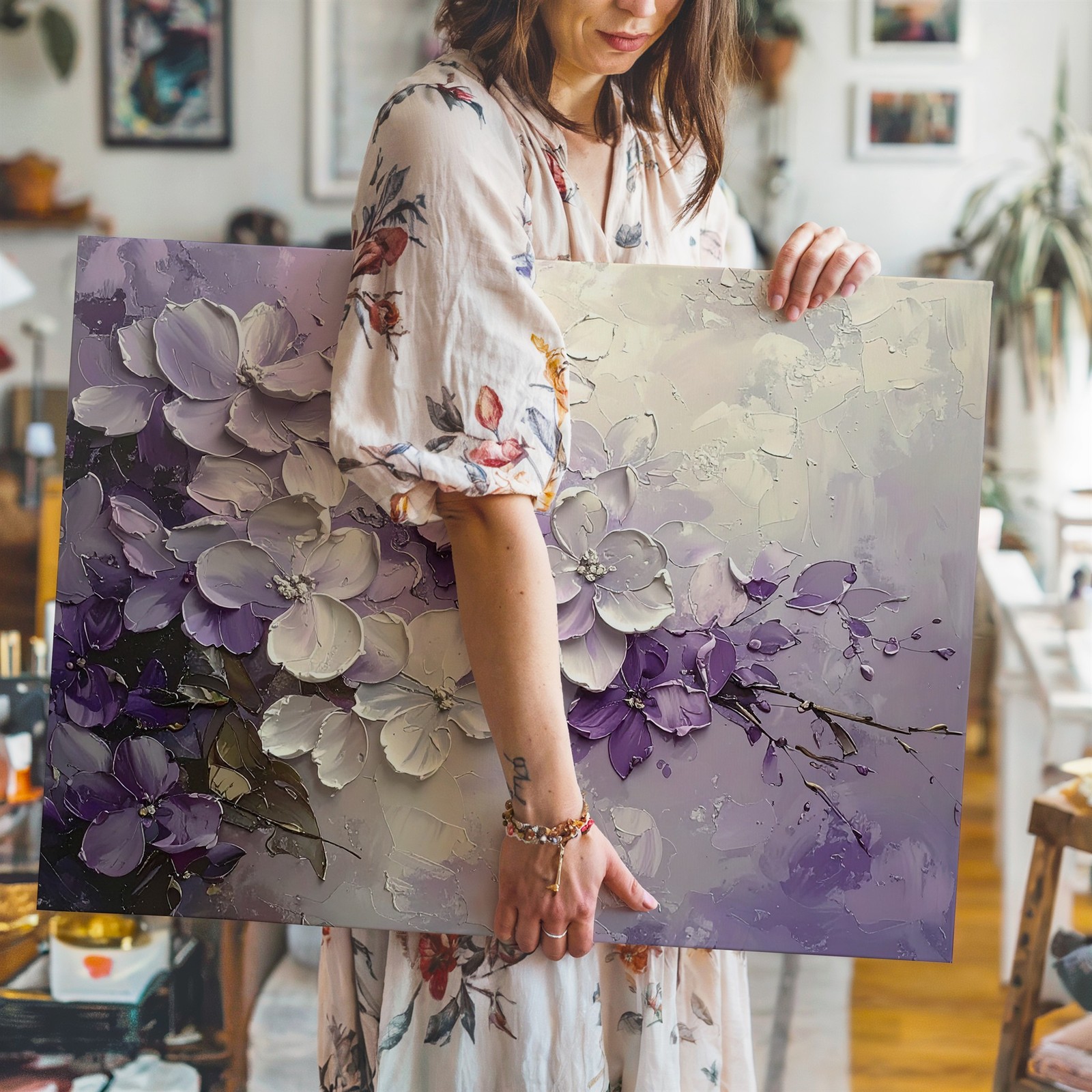 Pastel White Flowers Dreamy Lilac Whisper Impasto Textured Tones Canvas Wall Art