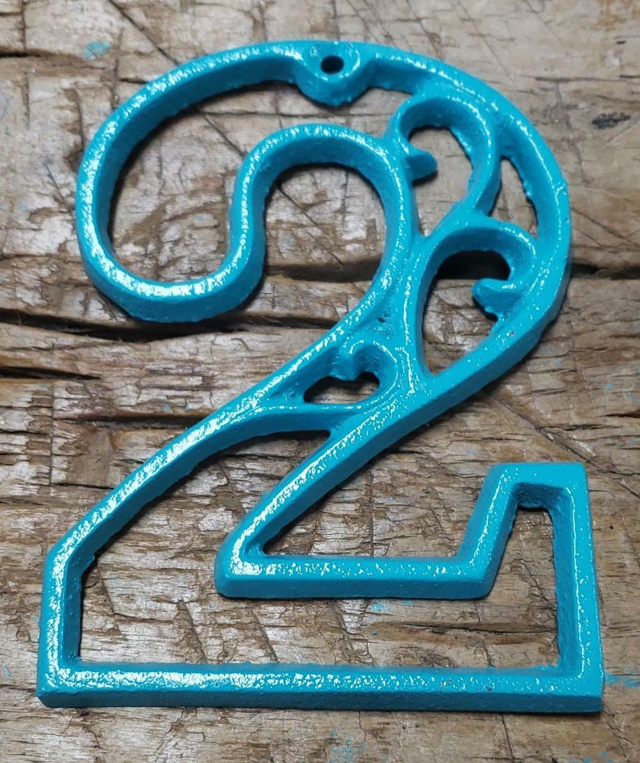 Rustic TURQUOISE Cast Iron Metal House Number Street Address 4 1/2 INCH Phone #2
