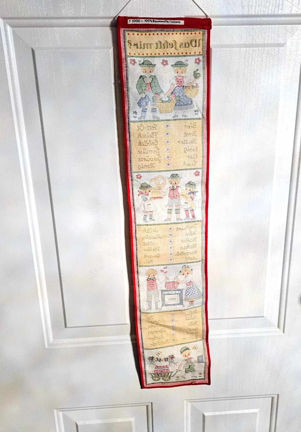 Vintage German Fabric Wall Hanging Was Fehlt Mir Kitsch Retro Folk Art Banner