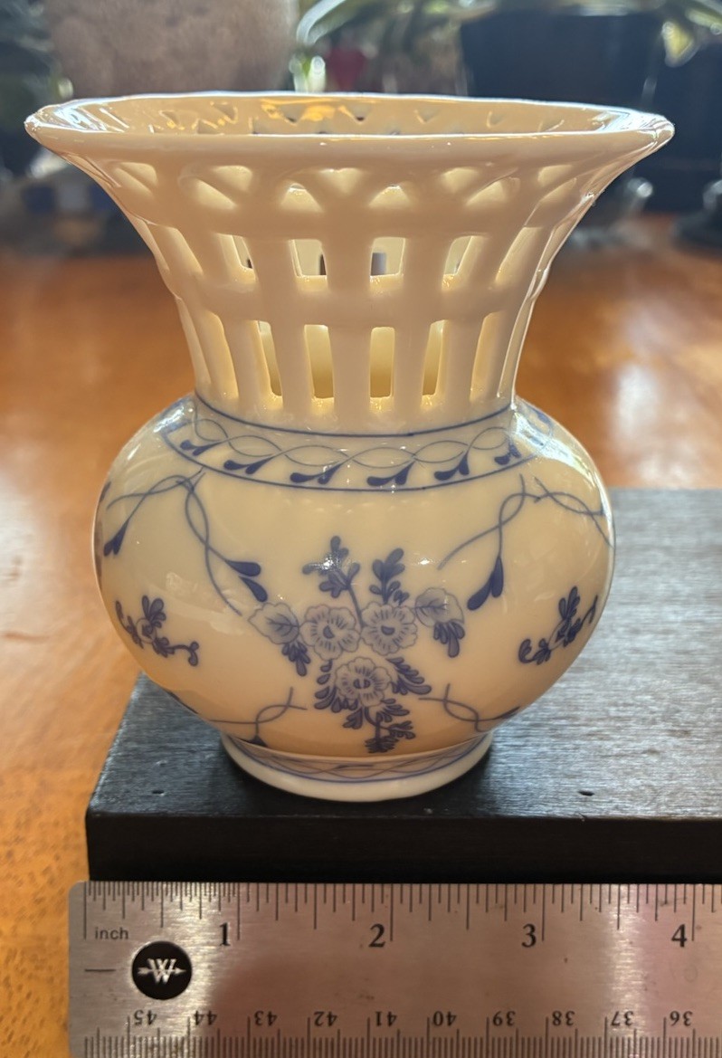 Skye McGhie Rose Brocade Porcelain Vase w Blue White Flowers