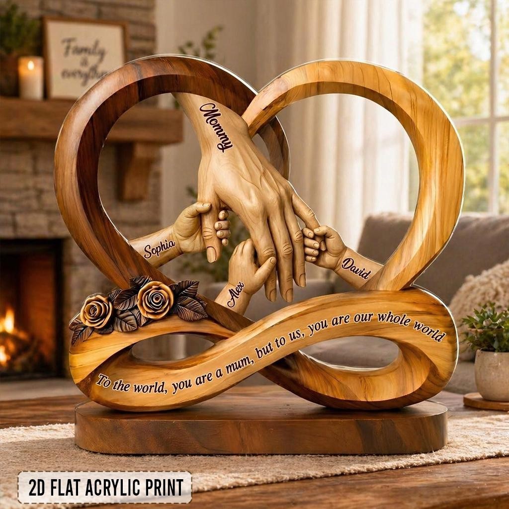 Personalized Faux Wood Mom Holds Kids’ Hands Infinity Acrylic Block