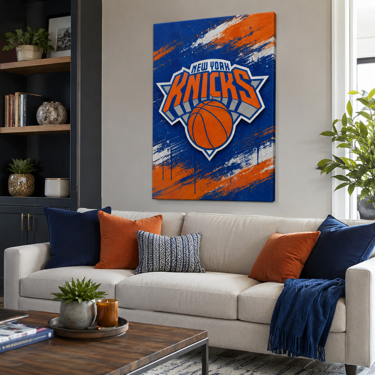New York Basketball Canvas Wall Art Blue Orange Sports Team Logo Style Man Cave