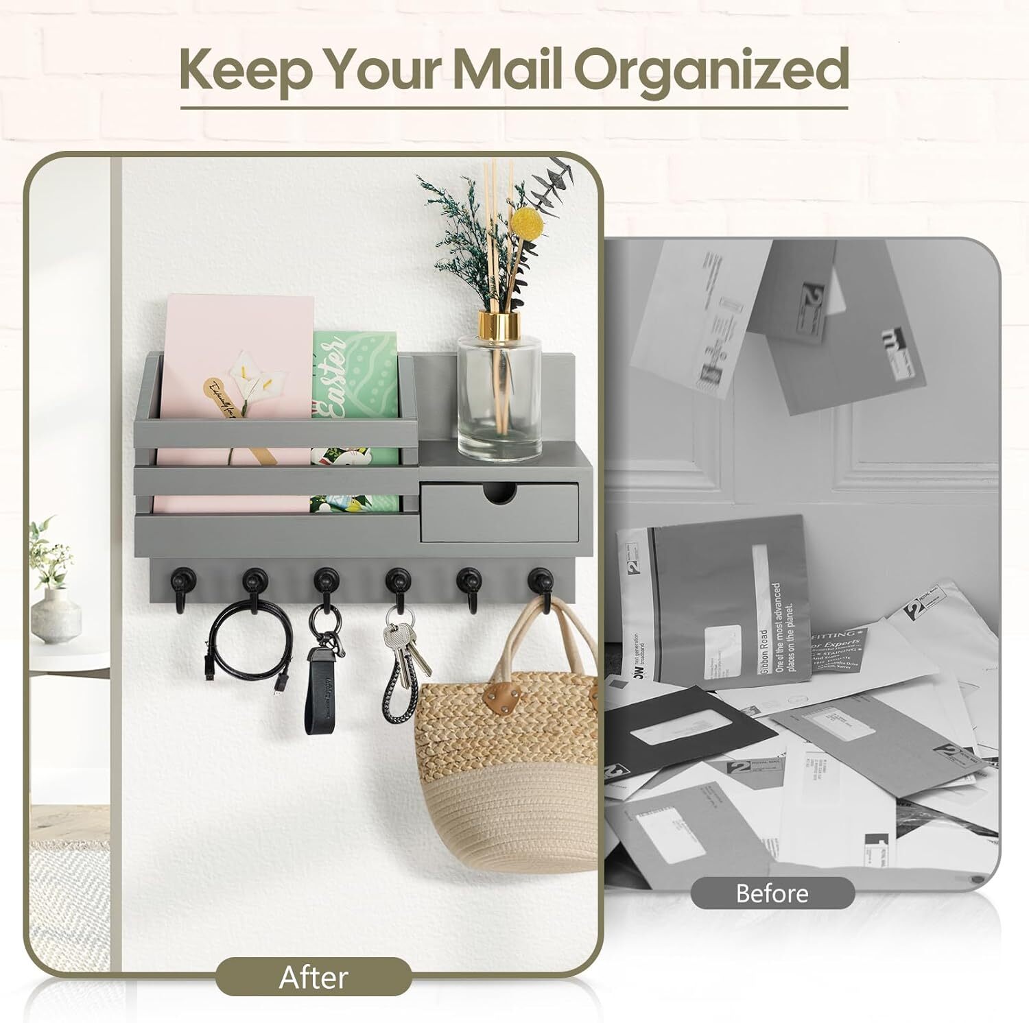 Key and Mail Holder for Wall Mail Organizer Wall Mount with 6 Hooks and Storage