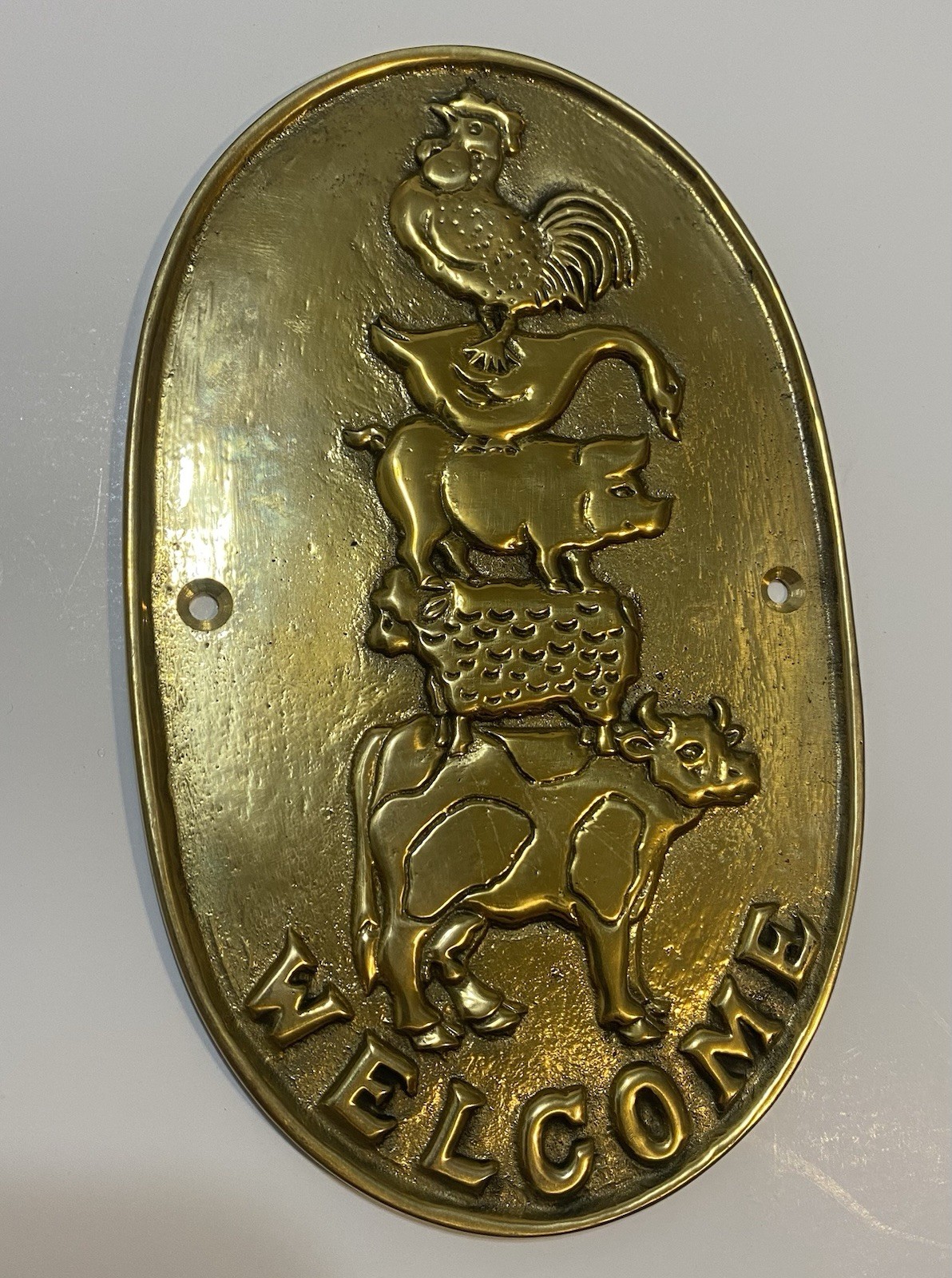 Brass Upper Deck Plaque 1980s 1990s Country Greetings Welcome farm House Animals